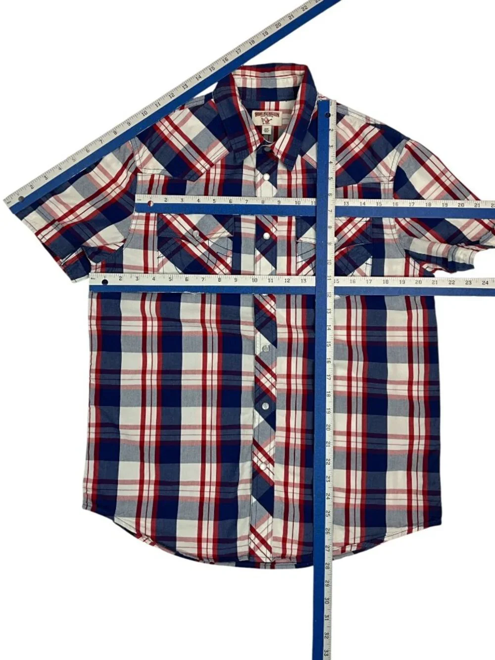 True Religion Mens Pearl Snap Western Shirt M Red White Blue Plaid Patriotic